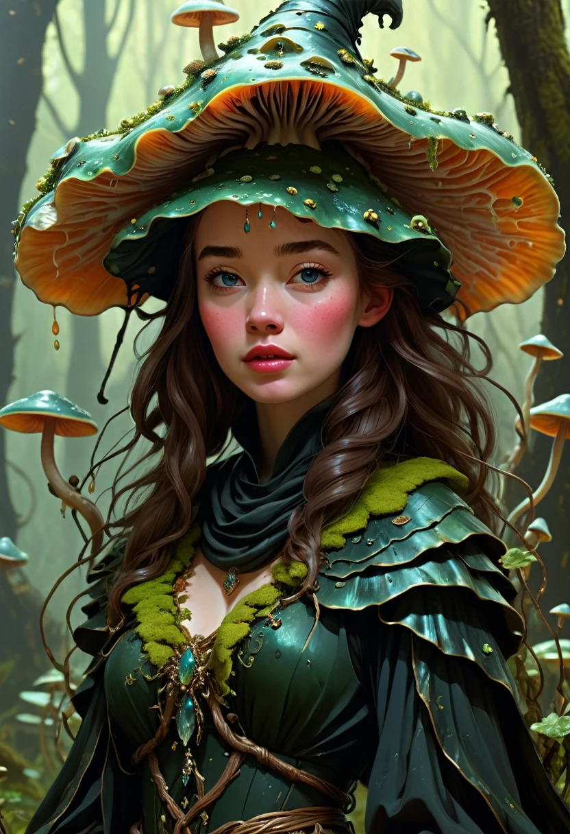 A fungus Witch. Covered head to toe in muchroom like growths. Anna Popplewell. Official Art, Award Winning Digital Painting, Digital Illustration, Extreme Detail, 4k, Ultra Hd, Rococo, Polished, Intricate, Realistic Fantasy Art, Sharp Focus, Concept Art, Art By Wlop, Artgerm, (2d Vector Illustration)
