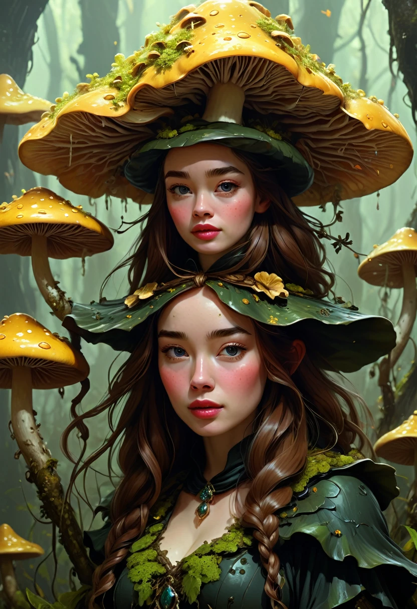 A fungus Witch. Covered head to toe in muchroom like growths. Anna Popplewell. Official Art, Award Winning Digital Painting, Digital Illustration, Extreme Detail, 4k, Ultra Hd, Rococo, Polished, Intricate, Realistic Fantasy Art, Sharp Focus, Concept Art, Art By Wlop, Artgerm, (2d Vector Illustration)