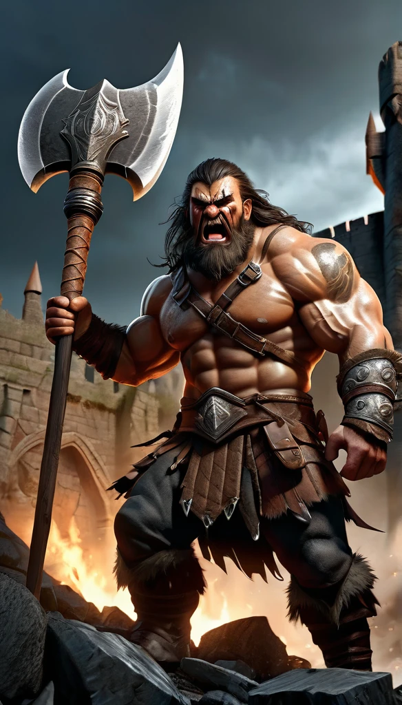 a battle-worn barbarian warrior, mimic, (realistic,photorealistic,photo-realistic:1.37),ultra-detailed,(best quality,4k,8k,highres,masterpiece:1.2),extremely detailed face and eyes,muscular body, holding a massive battle-worn axe, snarling fierce expression, fantasy medieval battlefield, ruined stone castle in background, dramatic dynamic lighting, moody dark color palette, cinematic composition