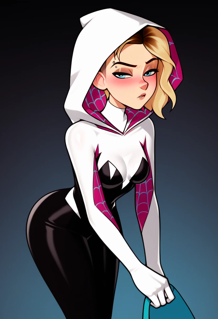 score_9, score_8_up, score_7_up, score_6_up, score_5_up, score_4_up,
BREAK
1girl, gwen stacy, light blue eyes, shaved head, blonde hair, short hair, asymmetrical hair, black eyeliner, , smugm, eyebrow piercing, White hood without straps, half-closed eyes, blush, adult,
BREAK, Big butt, medium breasts,
solo, standing, leaning forward, arched back, small breasts, bodysuit, spider-gwen, black leggings, skinny,
BREAK
black background,
