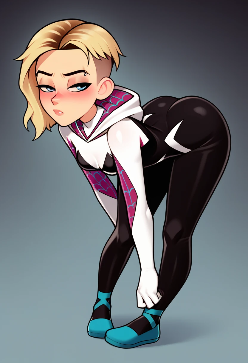 score_9, score_8_up, score_7_up, score_6_up, score_5_up, score_4_up,
BREAK
1girl, gwen stacy, light blue eyes, shaved head, blonde hair, short hair, asymmetrical hair, black eyeliner, , smugm, eyebrow piercing, White hood without straps, half-closed eyes, blush, adult,
BREAK, Big butt, medium breasts,
solo, standing, leaning forward, arched back, small breasts, bodysuit, spider-gwen, black leggings, skinny,
BREAK
black background, 