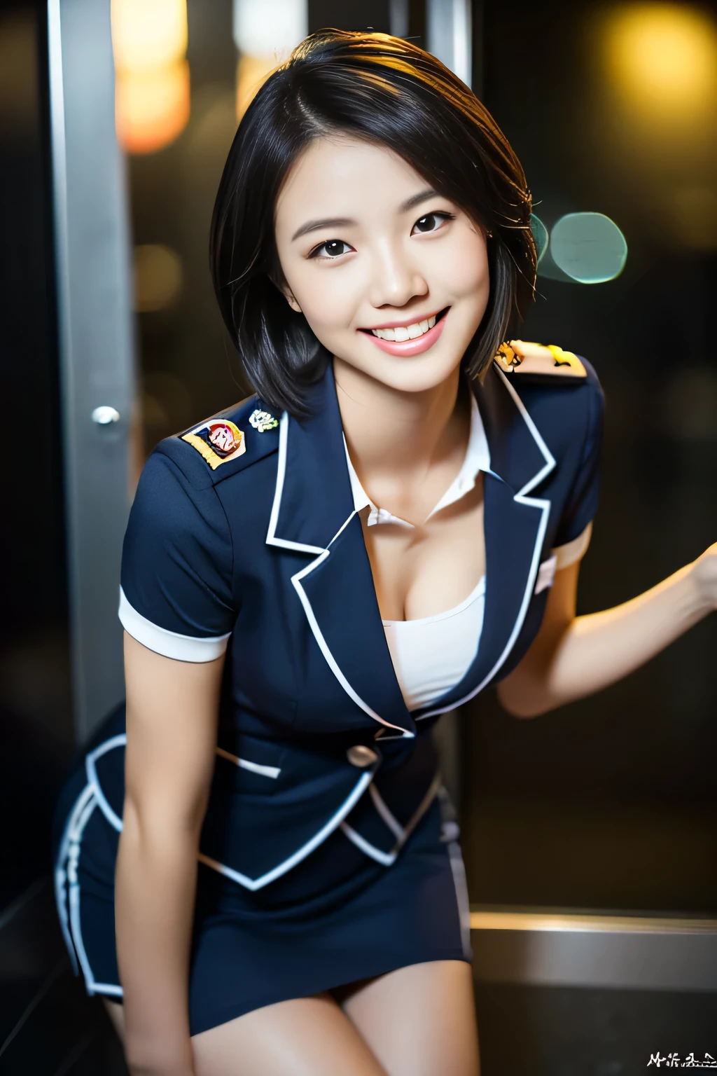 (a gorgeous lady, age 21, Flight Attendant uniform, Shenzhen Airlines Stewardess, wet white shirt, wet red mini-skirt, kneeling in a steamy bathroom, dimpled smile, short ponytai hair, short bob hair, cute snaggleteeth, well-endowed round bosom, long flawless legs, photorealistic, beautiful detailed eyes, beautiful detailed face, hyper-realism, high contrast, ultra HD, realistic skin textures, top image quality, top-quality, super high resolution, fine details, very meticulously, close-up shot, head to thigh, romantic night, dark bokeh background)