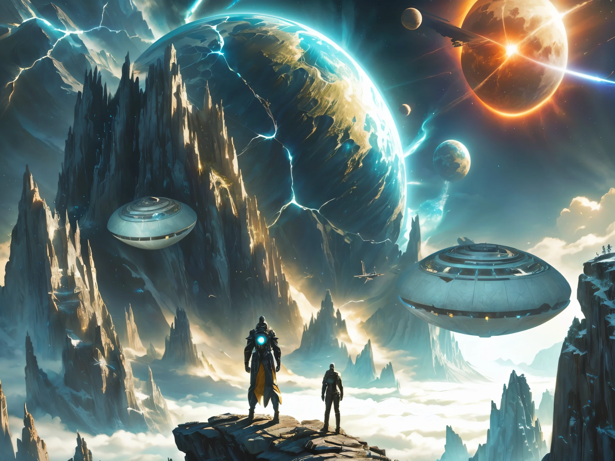 spaceships flying over a mountain with a man and a woman standing on a cliff, epic fantasy sci fi illustration, epic scifi fantasy art, fantasy scifi, sci fi epic digital art, sci-fi fantasy art, award winning scifi art, fantasy sci - fi, sci-fi high fantasy, sci fi artwork, scifi fantasy, sci-fi digital art illustration