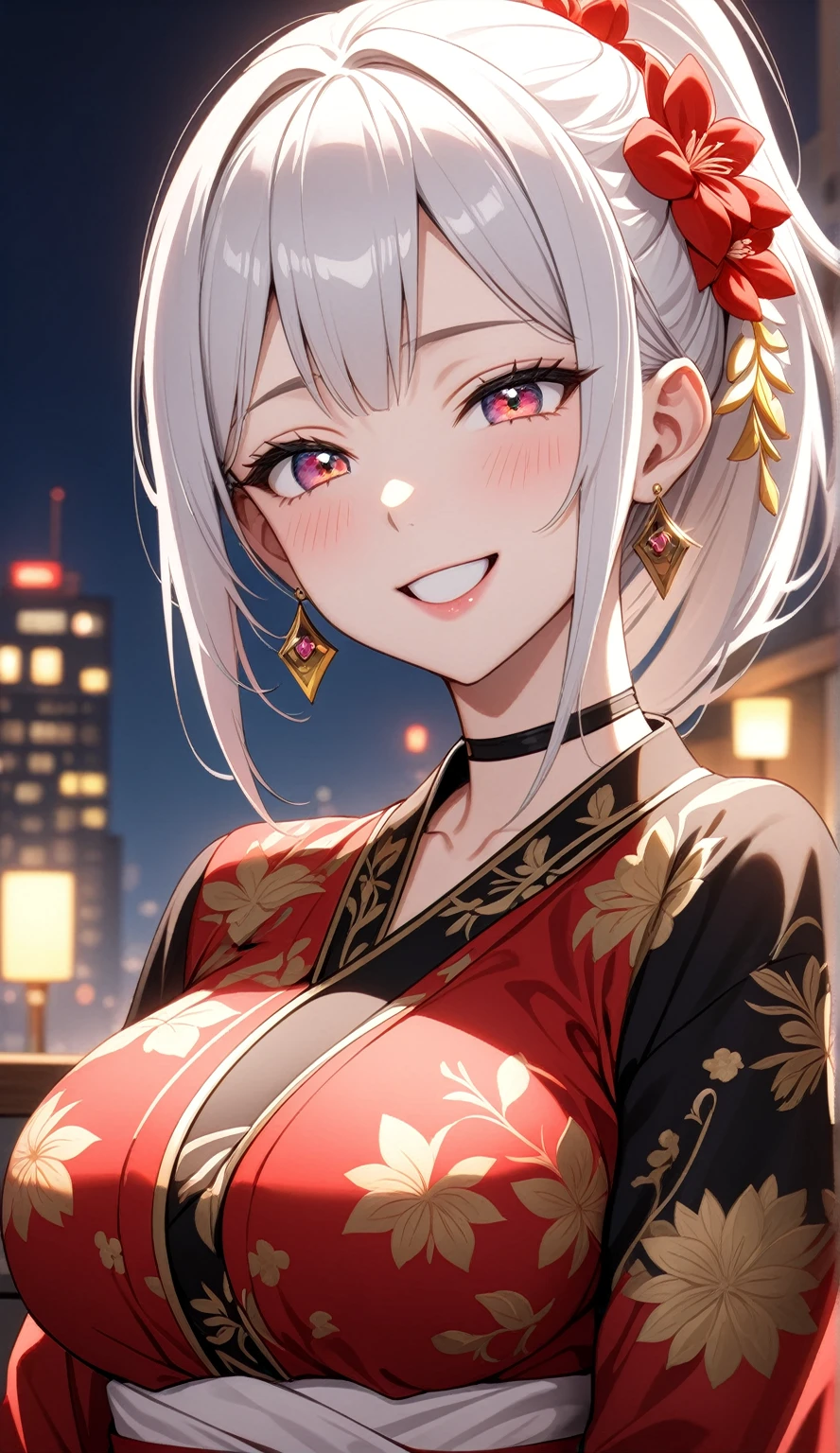 ((One personの女性)), Beautiful Face, (head tilt:1.3), ((laugh)),((Wink:1.9)),((Touch your lips)), Laugh with your mouth wide open,((Bright red cheeks:1.4)),Shiny red lips,night,rooftop,You can see the ocean, firework,Laughing with your mouth open,Glossy pink lips,Facial lighting,((Anime style background)),masterpiece, Highest quality, so beautiful,up to date, Complex details, (Pink long nails), (4fingers and 1thumbs), (ring),(bracelet),(choker),AI-generated, Complex,High resolution, Highest quality, super high quality,3D Images、3D Images,One person,Long white hair,High Ponytail,(blue eyes),Anime woman posing for a photo, ((Narrow eyes、Silvery white colorful eyes、Shining Eyes:1.3)),(Squint your eyes:1.1),a hyperRealistic , hyperRealistic , Realistic,Anime woman with long white hair, Smooth anime CG art, A woman in a colorful kimono with gold embroidery, (Black long sleeve kimono),Red floral pattern,Long flower hair ornament,Earrings,Mature Body,(Big Breasts:1.1),Tall,Abdominal muscles,Narrow waist,(Zoom up to face:1.7),Shooting from diagonally below
