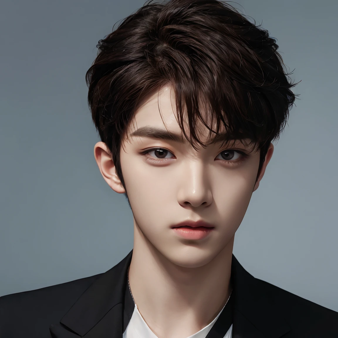 professional portrait photograph, handsome young man, model, crew cut, detailed face, plain background, kpop