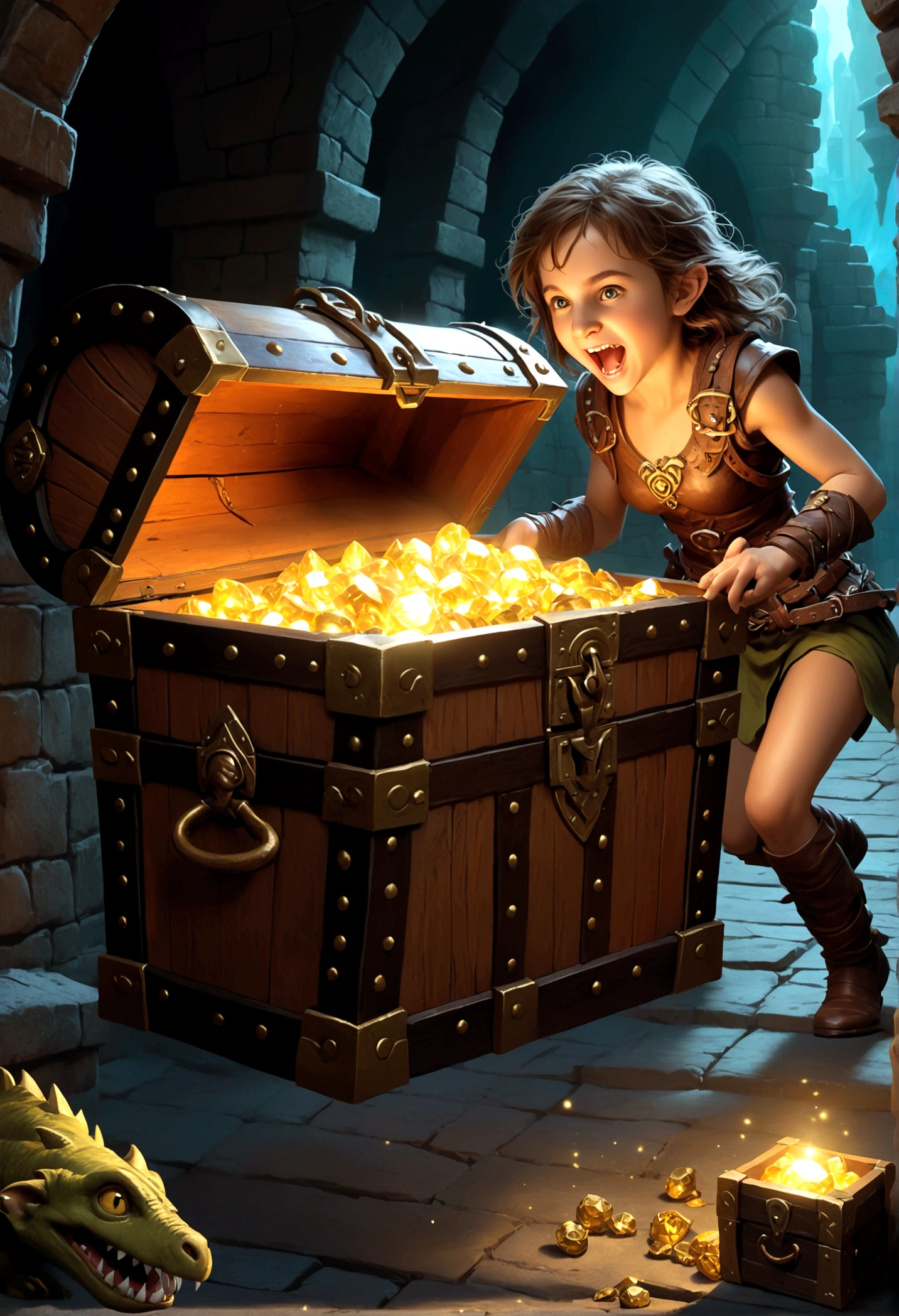 A treasure chest mimic opens its toothy maw and chases after a cute halfling thief woman, dungeon, high fantasy