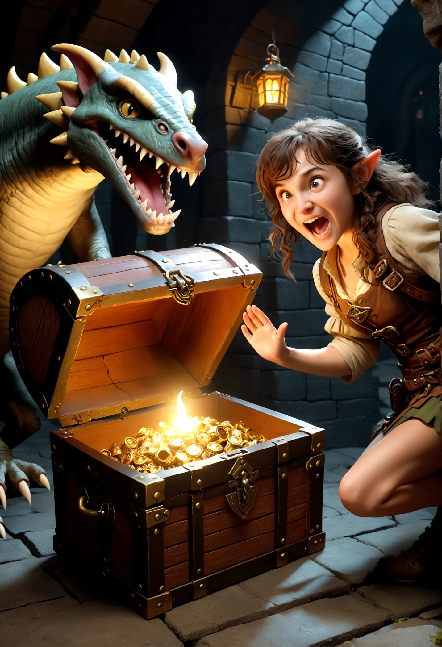 A treasure chest mimic opens its toothy maw and chases after a cute halfling thief woman, dungeon, high fantasy