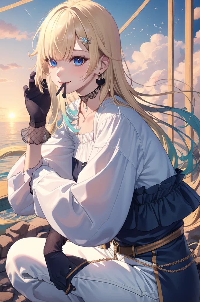 (masterpiece, Highest quality:1.2), alone, One girl, Aizawa Ema, smile, Mouth closed, View your viewers, squat, hair ornaments, dress, gloves, Black Choker, jewelry, Earrings,White pants,