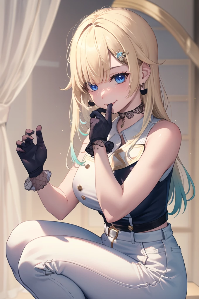 (masterpiece, Highest quality:1.2), alone, One girl, Aizawa Ema, smile, Mouth closed, View your viewers, squat, hair ornaments, dress, gloves, Black Choker, jewelry, Earrings,White pants,