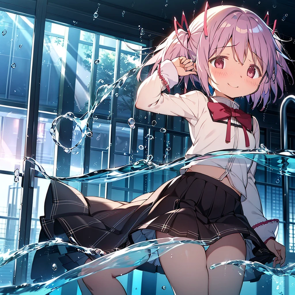 1 Girl、blush, smile, White panties, Madoka, Black Skirt, Short Twin Tails, Pink Hair, ((Flat Chest, thin)), thin脚, View your viewers, whole body, break indoors, Raise your hand、Lift your legs、School swimming pool, summer、(Lots of water)、Wet、((((Skirt gets pulled))))、((In the water))、(((Transparent pool))), Water Play、break (masterpiece:1.2), Highest quality, High resolution, unity 8k wallpaper, (shape:0.8), Highly detailed face, Perfect lighting, Extremely detailed CG、bubble、(White underwear)、(full skirt)、cute、blush、Watery eye