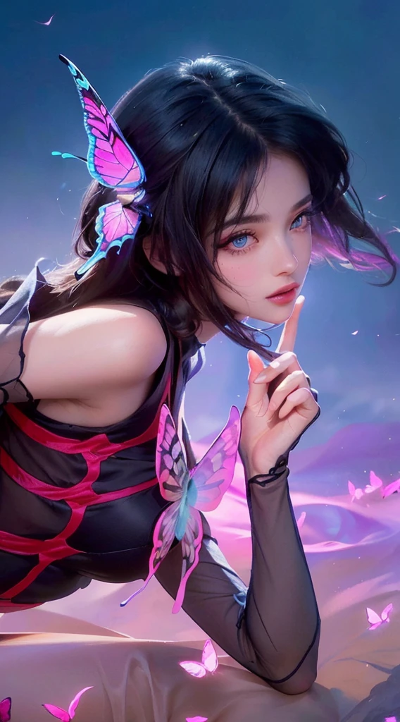 a close up of a woman with a butterfly on her head, beautiful detailed eyes, beautiful detailed lips, extremely detailed face, long eyelashes, elegant woman, butterfly perched on head, intricate butterfly details, ethereal, dreamy, magical realism, vibrant colors, cinematic lighting, dramatic shadows, high contrast, photorealistic, 8k, best quality, masterpiece