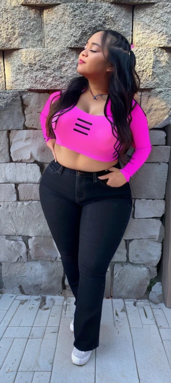 a woman standing in front of a stone wall, lorena avarez, alanis guillen, marischa becker, no clothes, full body shot close up, photograph of a techwear woman, beautiful girl, big ass, bbw, thick, thick thighs, wide hips, bbw, big ,  falling out the side, thick nipples, large areola, filipina, cute, chubby stomach, nipples poking out, tan skin, from front, muffin top, thick belly, oily, naked