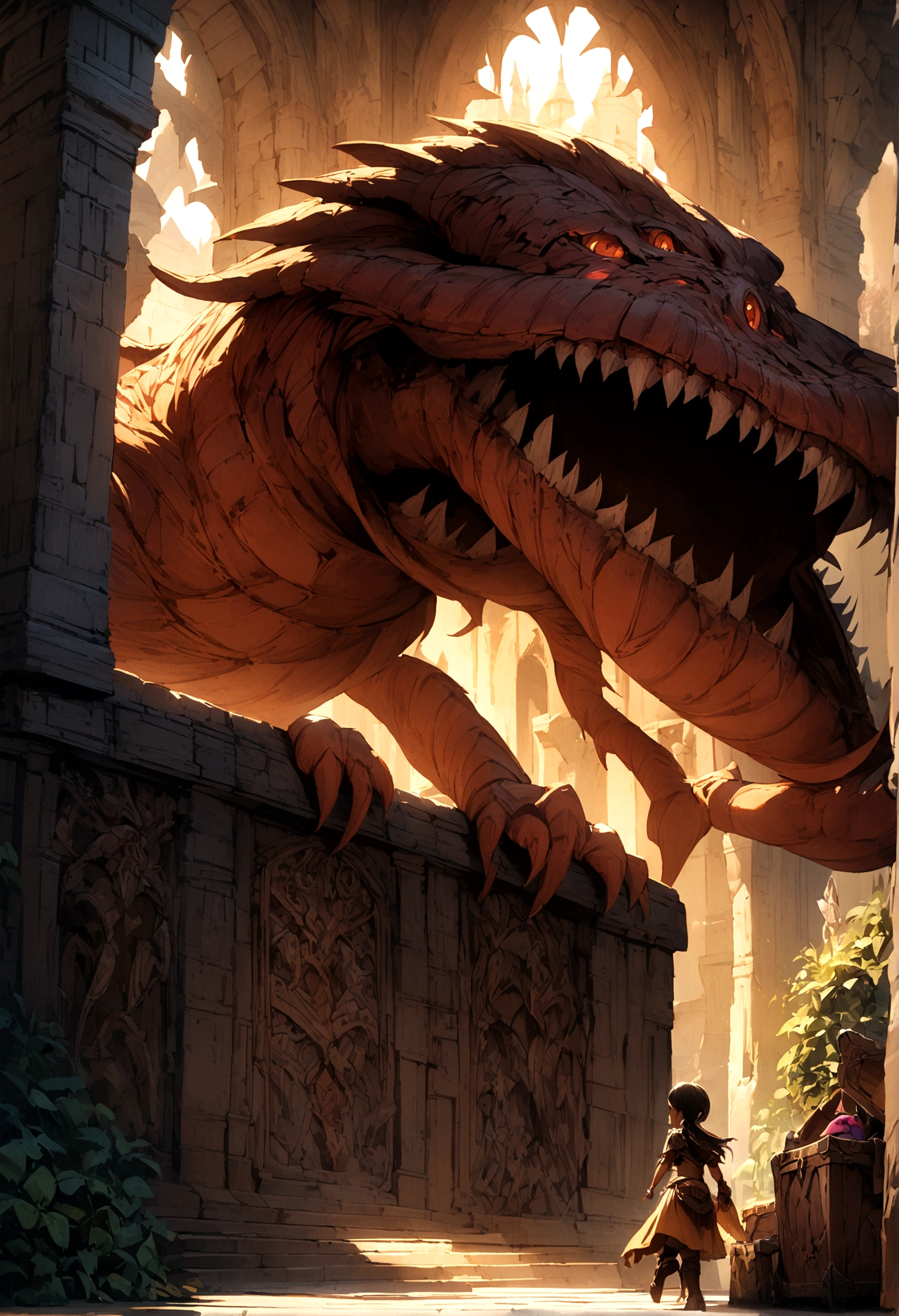 A treasure chest mimic opening its toothy maw, chasing a cute halfling thief woman, high fantasy dungeon, detailed fantasy creature, intricate architectural elements, dramatic lighting, fantasy art, cinematic composition, vibrant colors