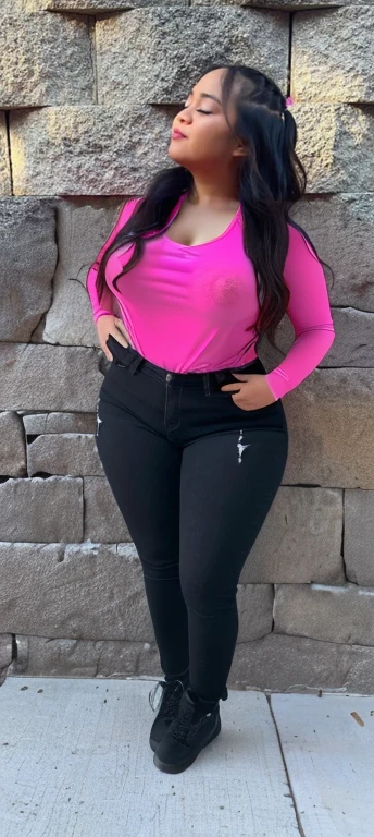 a woman standing in front of a stone wall, lorena avarez, alanis guillen, marischa becker, no clothes, full body shot close up, photograph of a techwear woman, beautiful girl, big ass, bbw, thick, thick thighs, wide hips, bbw, big , falling out the side, thick nipples, large areola, filipina, cute, chubby stomach, nipples poking out, tan skin, from front, muffin top, thick belly, oily, naked
