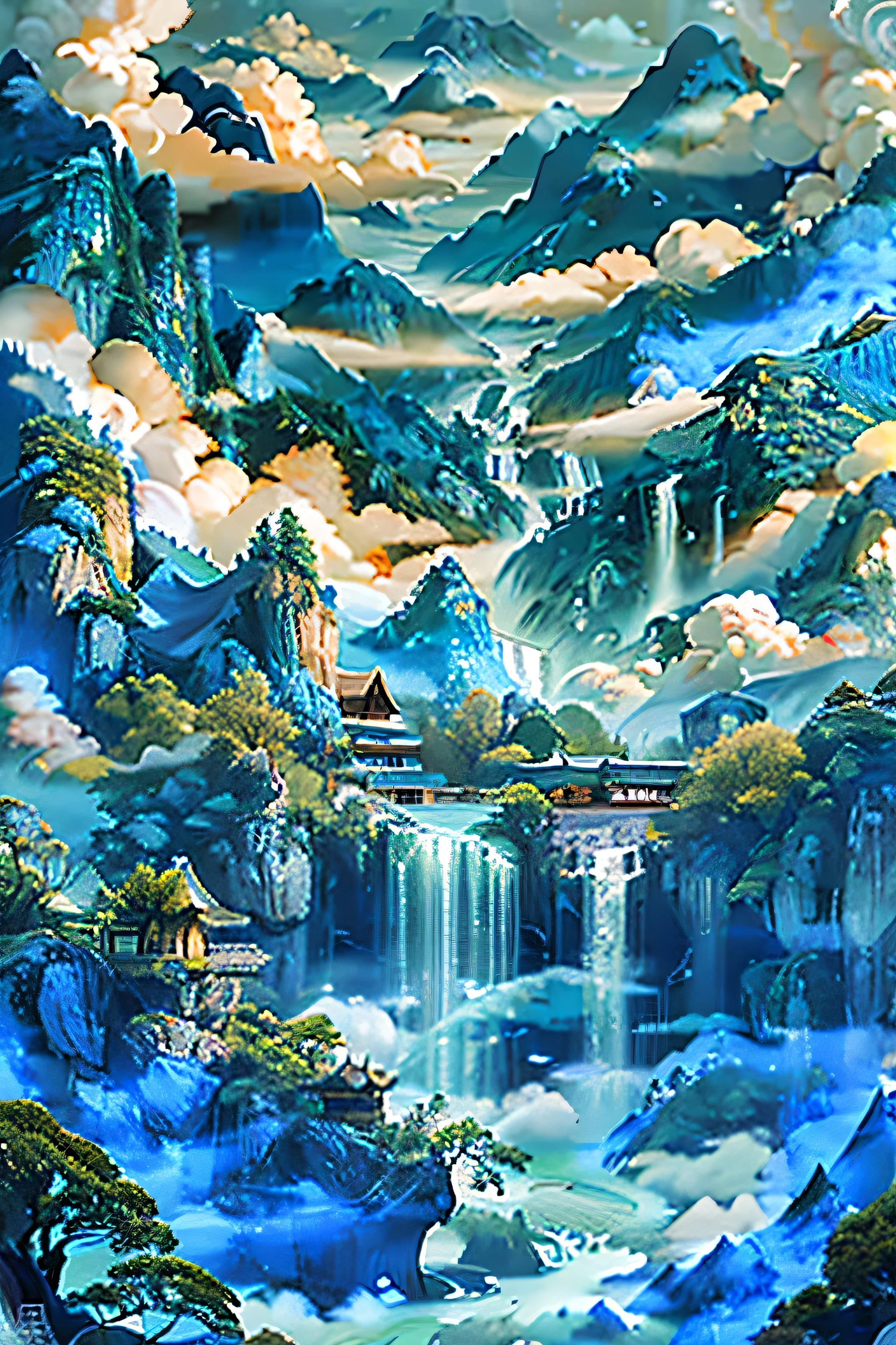 (Blue Theme:1.3), landscape, Tree, water, architecture, Mountain, cloud, bird, nature, masterpiece, Best quality landscape