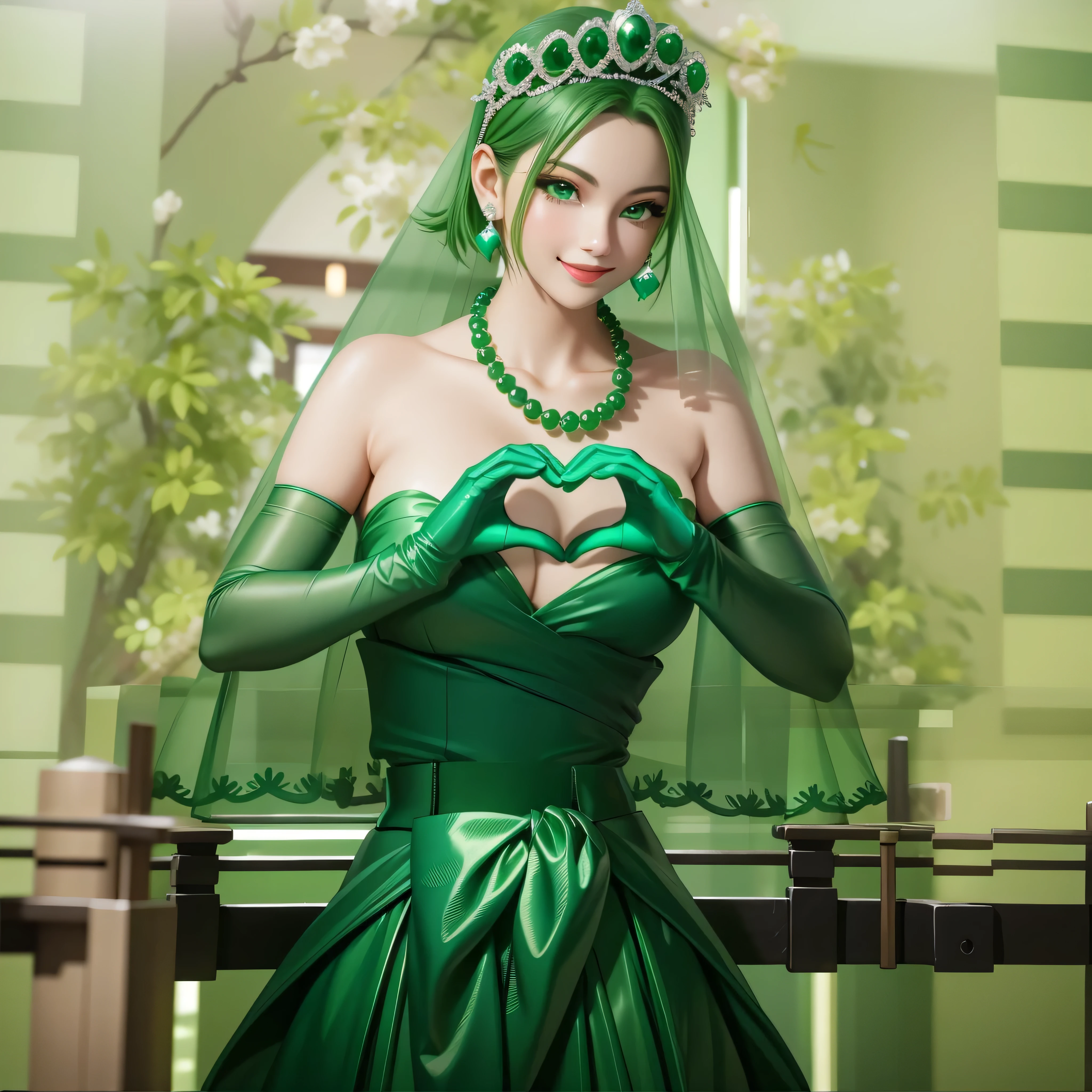 emerald tiara, Green Pearl Necklace, Boyish very short green hair, Green Lips, Smiling Japanese woman, Very short hair, Busty beautiful lady, Green Eyes, Green satin long gloves, Green Eyes, Emerald Earrings, Green veil, Heart with both hands, Heart shaped hands, Green Hair, Beautiful Japanese Woman, green lip gloss