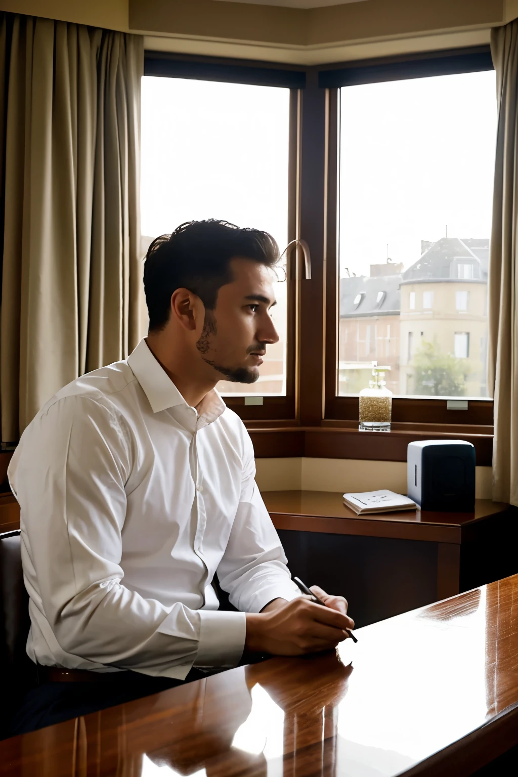 ((Best Quality)), , (detailed), man sitting at a table in a hotel room with a bay window and at the table with a note