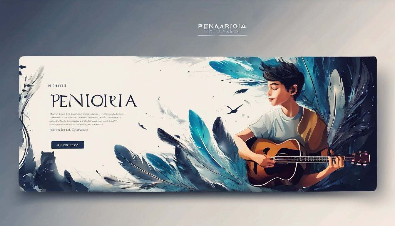 Create a professional, fantastic, cinematic dream-like Youtube Banner for a brand about music, stories, fantasy and dreams called " Penamemoria". Masterpiece, 4k, sharp focus, highest quality,wide shot. The title is " Penamemoria". Is a brand about the creative, unique journey of a boy into becoming a musician storyteller inspired by feathers and birds. Modern logo design of a boy and a feather. The logo must convey a sense of memories and dreams