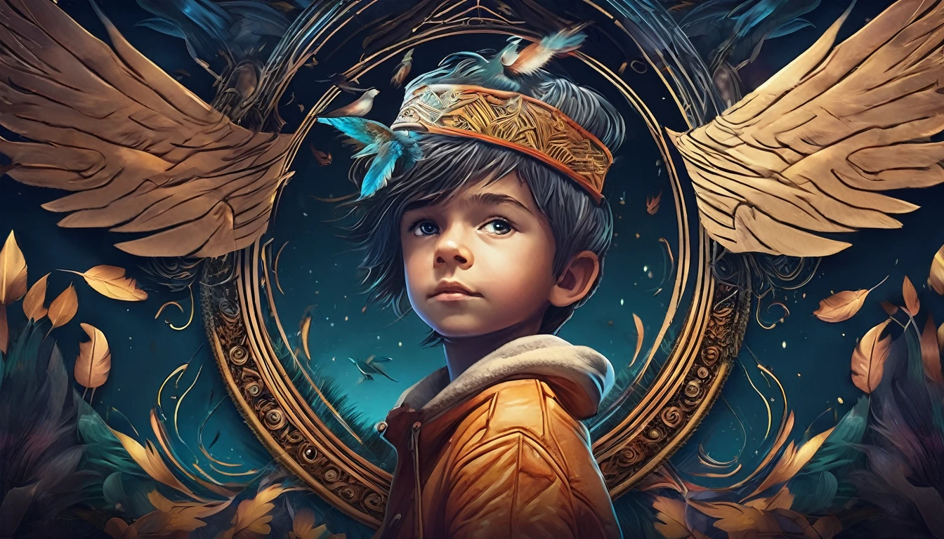 Create a professional, fantastic, cinematic dream-like Youtube Banner for a brand about music, stories, fantasy and dreams called " Penamemoria". Masterpiece, 4k, sharp focus, highest quality,wide shot. The title is " Penamemoria". Is a brand about the creative, unique journey of a boy into becoming a musician storyteller inspired by feathers and birds. Modern logo design of a boy and a feather. The logo must convey a sense of memories and dreams