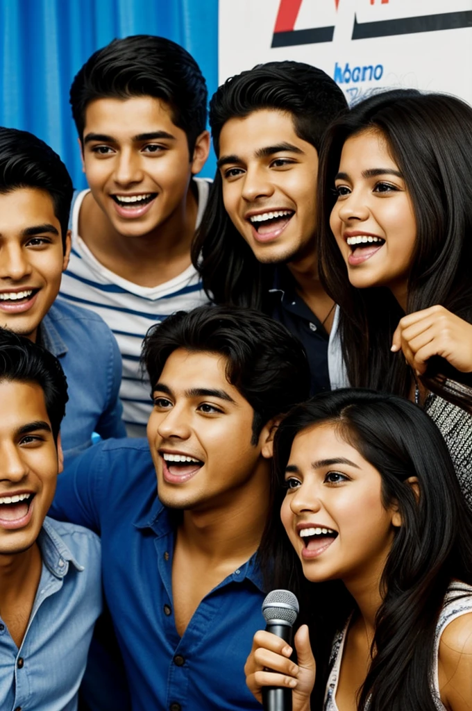 Group of three friends, 1 woman and 2 men, happy about to sing in karaoke, they are 20-year-old Mexican university students., They are of medium economic status