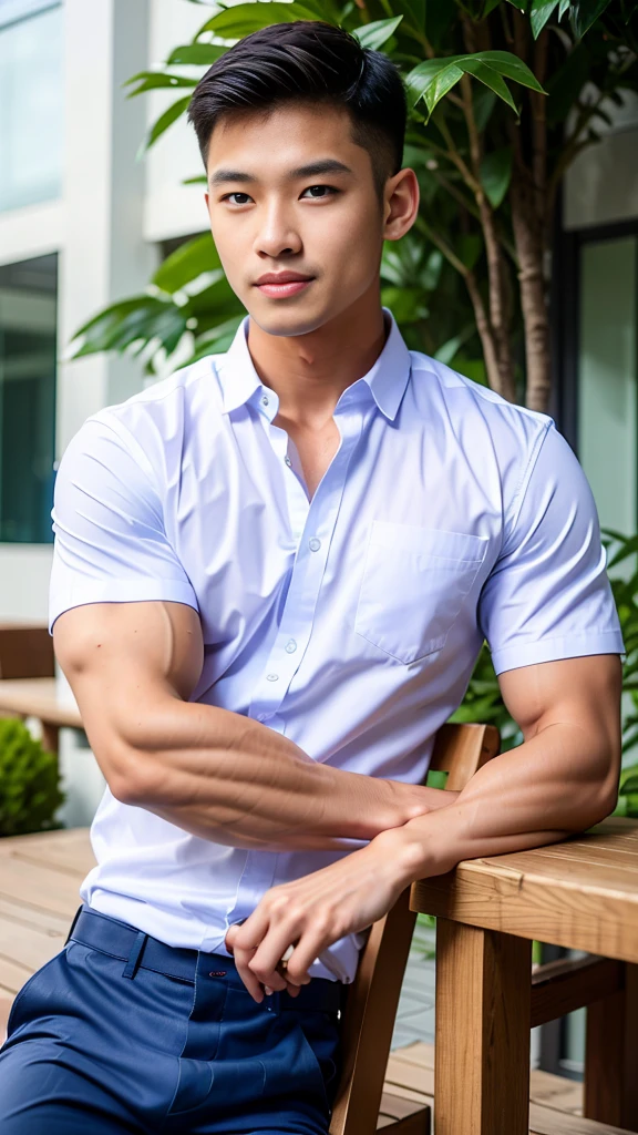 Masterpiece, best quality, High quality, วอลล์เปเปอร์ CG unity 8k ที่มีvery detailed, depth of field, HDR,,photorealistic,very detailed, 1 man sitting on a chair, Asia, black short hair, , (Thai , white shirt), blue cargo shorts, chest muscles, Big arm muscles, blood vessel, big muscles, Broad shoulders, looking at the audience, Balancing the eyes, (Make eye contact) (outside the building:1.3)