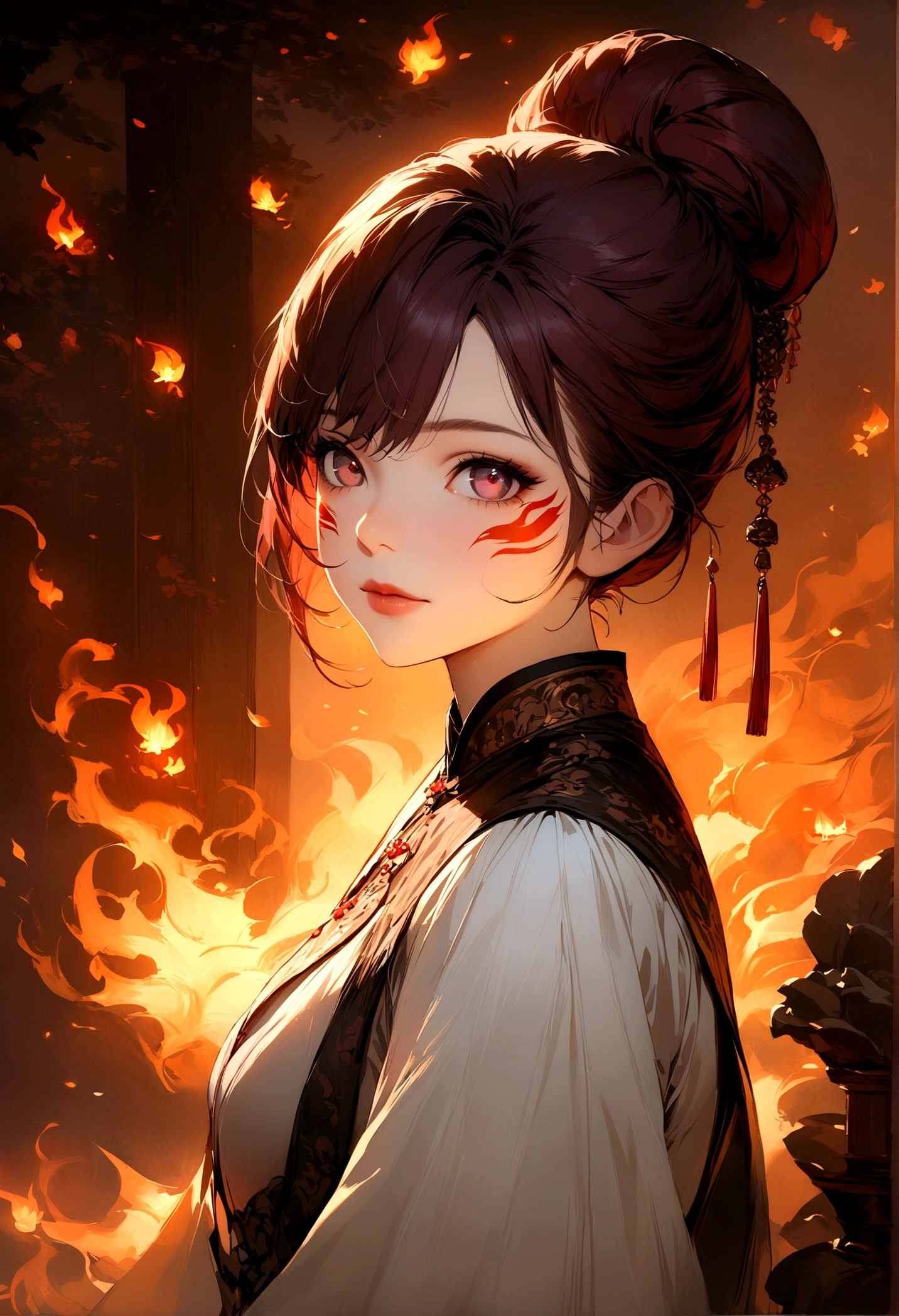 Best image quality, Masterpiece Level, Ultra-high resolution, realism, Fantasy theme, arms, Facial details, A girl, single, Hair Bun, Fairy tale theme, Upper Body, Chinese Architecture, flame, Get detailed outdoor lighting and illumination, Increase the overall level of detail in ambient light, Details of the face and eyes, improve the realism of body details, Articulate sharp focus, Poker face, White clothes, Burgundy hair, Bright Eyes, Simple background.