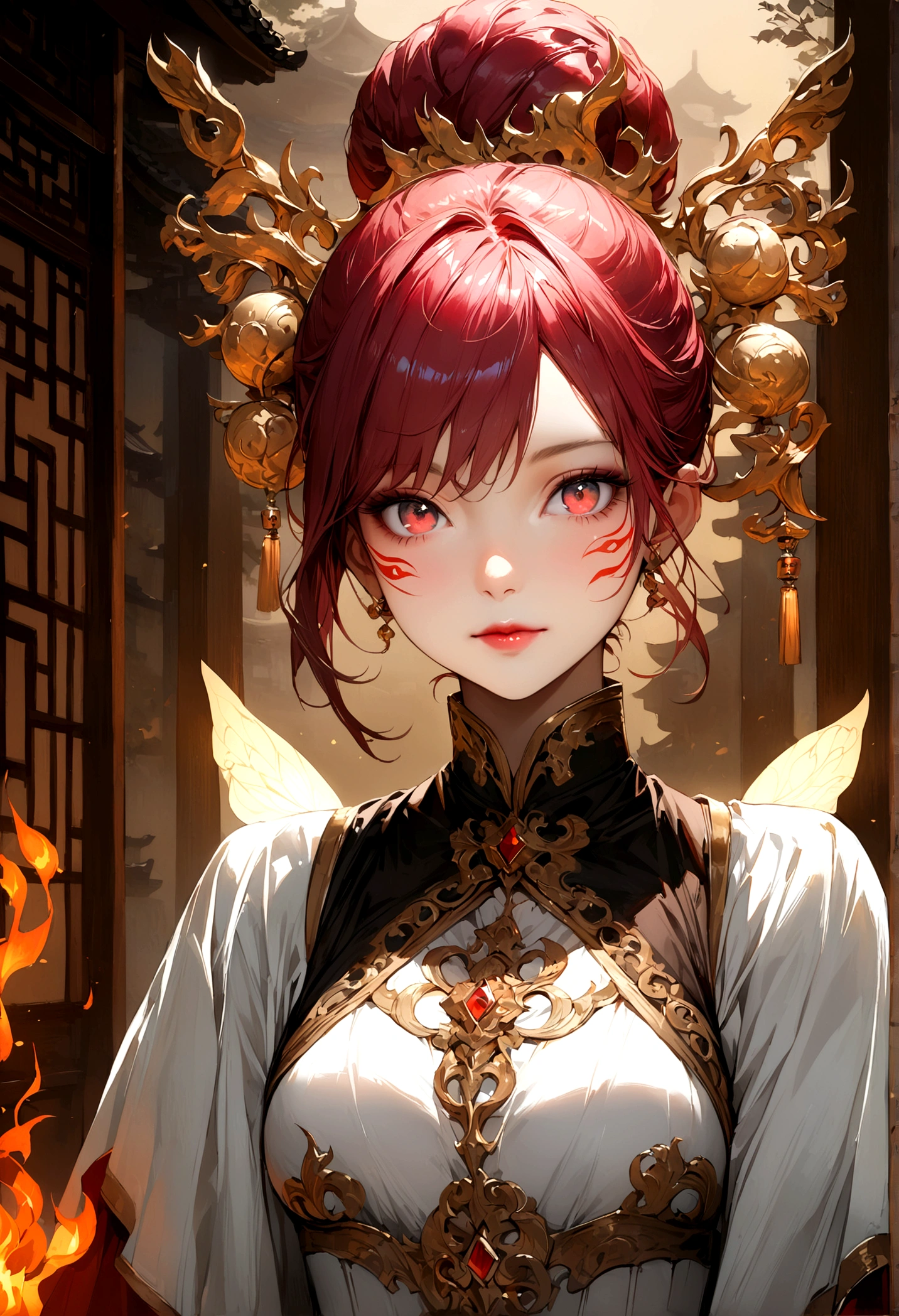 Best image quality, Masterpiece Level, Ultra-high resolution, realism, Fantasy theme, arms, Facial details, A girl, single, Hair Bun, Fairy tale theme, Upper Body, Chinese Architecture, flame, Get detailed outdoor lighting and illumination, Increase the overall level of detail in ambient light, Details of the face and eyes, improve the realism of body details, Articulate sharp focus, Poker face, White clothes, Burgundy hair, Bright Eyes, Simple background.