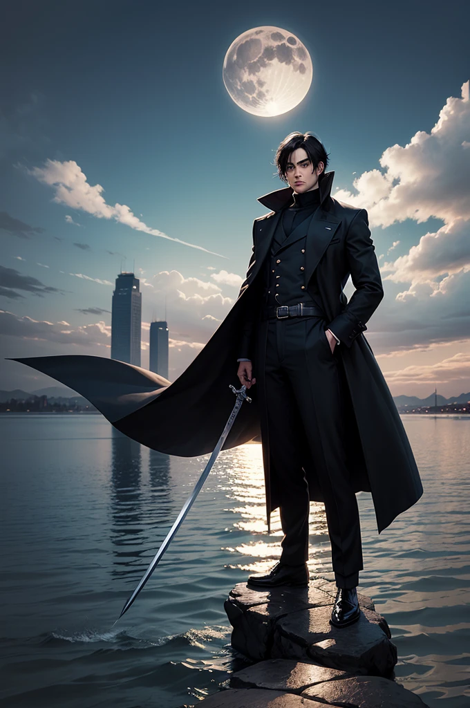 Black hair character,black overcoat,crouched, leaning on the sword,Stand on the water,big moon in the background,