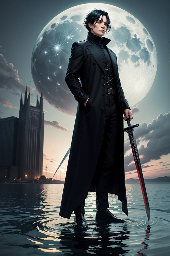 Black hair character,black overcoat,crouched, leaning on the sword,Stand on the water,big moon in the background,