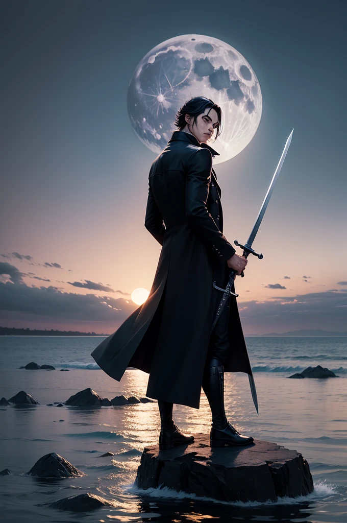 Black hair character,black overcoat,crouched, leaning on the sword,Stand on the water,big moon in the background,