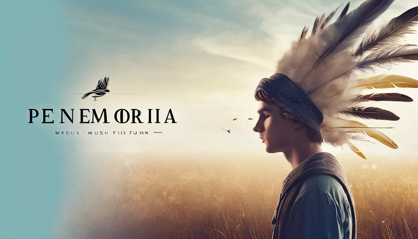 Create a professional, fantastic, cinematic dream-like Youtube Banner for a brand about music, stories, fantasy and dreams called " Penamemoria". Masterpiece, 4k, sharp focus, highest quality,wide shot. The title is " Penamemoria". Is a brand about the creative, unique journey of a boy into becoming a musician storyteller. In his journey he finds inspiration in a world of birds and feathers. Minimalistic, simple, poetic, dreamy logotype at the center of the image. The Background image is a world full of fantastic feathers, unique birds, light blue sky, soft white and light golden. Logo design of a face of a boy and a face of a feather