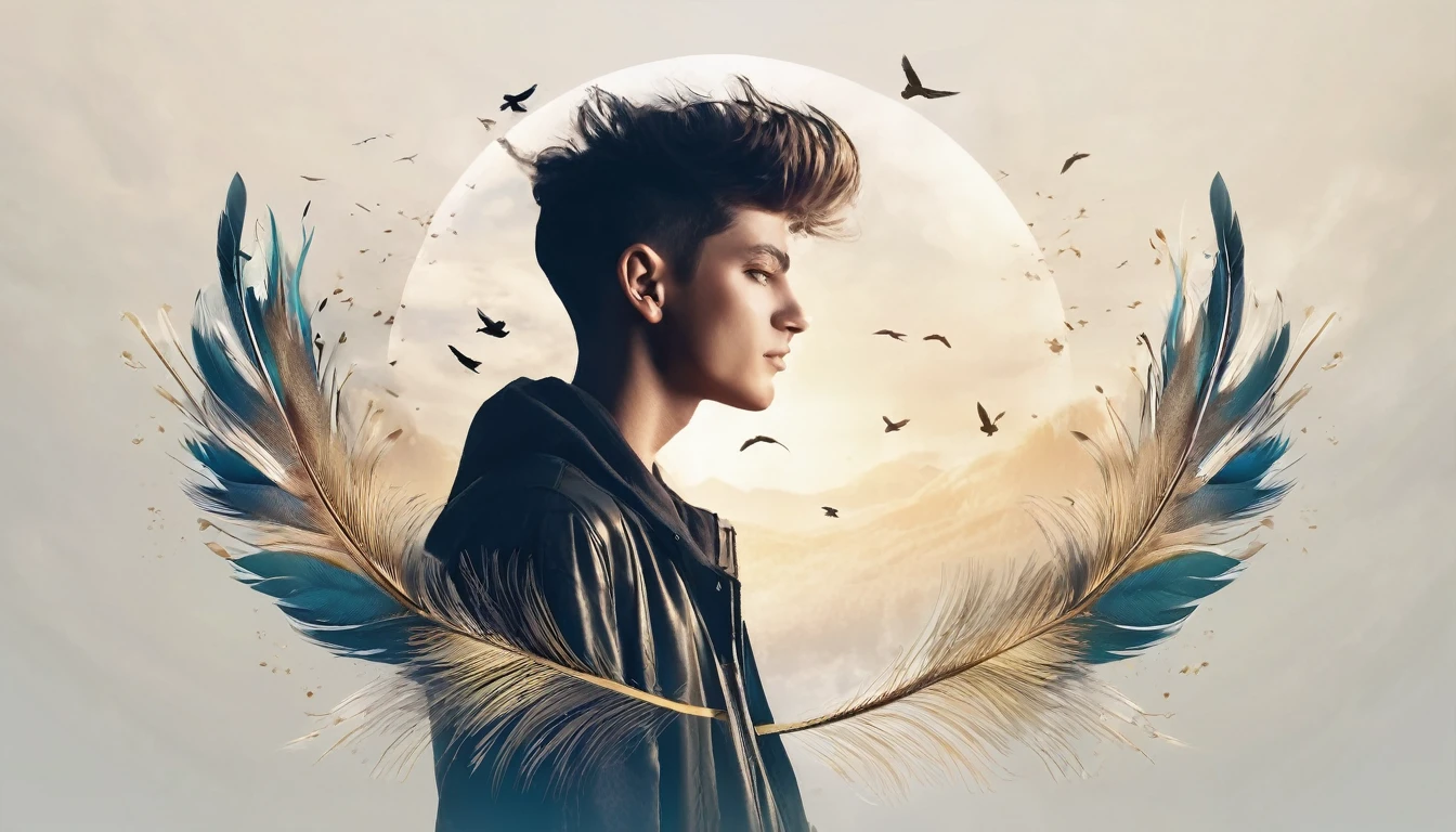 Create a professional, fantastic, cinematic dream-like Youtube Banner for a brand about music, stories, fantasy and dreams called " Penamemoria". Masterpiece, 4k, sharp focus, highest quality,wide shot. The title is " Penamemoria". Is a brand about the creative, unique journey of a boy into becoming a musician storyteller. In his journey he finds inspiration in a world of birds and feathers. Minimalistic, simple, poetic, dreamy logotype at the center of the image. The Background image is a world full of fantastic feathers, unique birds, light blue sky, soft white and light golden. Logo design of a face of a boy and a face of a feather