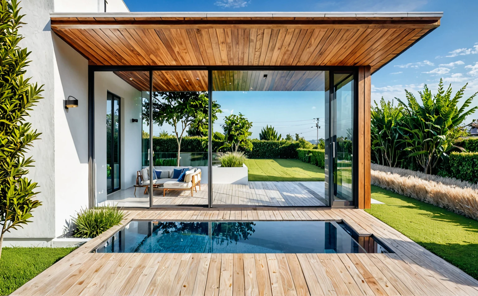Raw photo, Masterpiece, high quality, best quality, authentic, super detail,
outdoors, house style modern, white wall, glass windows, wooden ceiling, balcony, minimalist line
grass, trees, blue sky, (Early morning day:1.1), vivid color,