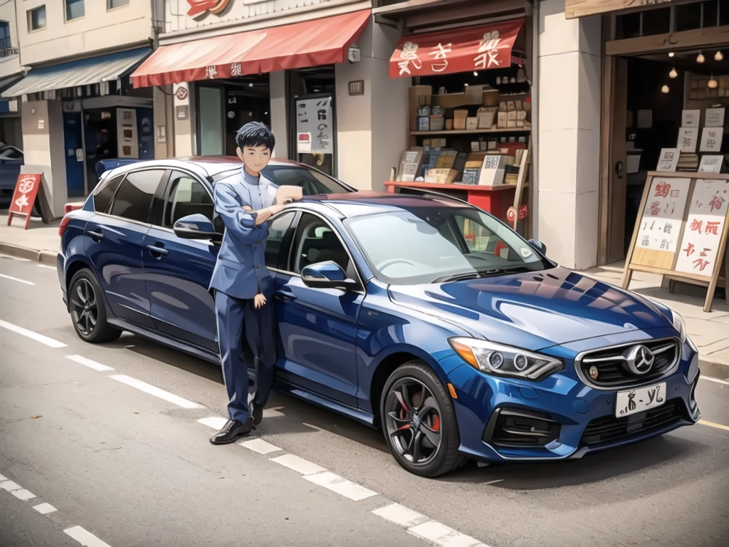 In front of the noodle shop, navy blue car in front.