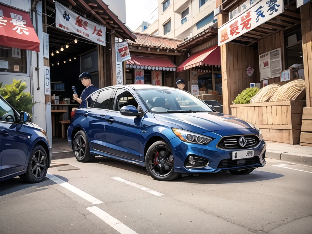 In front of the noodle shop, navy blue car in front.