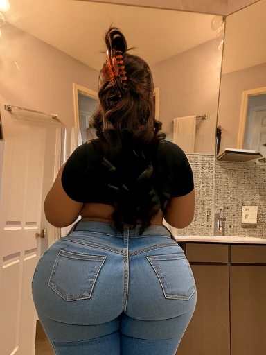 there is a woman standing in a bathroom with a large mirror, view from the back, full growth from the back, in full growth from the back, shot from the back, elaborate hair worn up, photo from the back, facing away from camera, facing away from the camera, photographed from the back, photo from behind, view from behind mirror, back of the hair, beautiful girl, big ass, huge ass, bbw, from behind, thick, thick thighs, wide hips, bbw, big , sideboob, giant ass, side view, big butt, round butt, tight underwear, underwear halfway off, underwear taking off, grabbing ass, ass spilling over underwear, too thick for clothes, side angle, chubby stomach, big , filipina, vpl, thick ass and wide frame, no dress, no clothes
