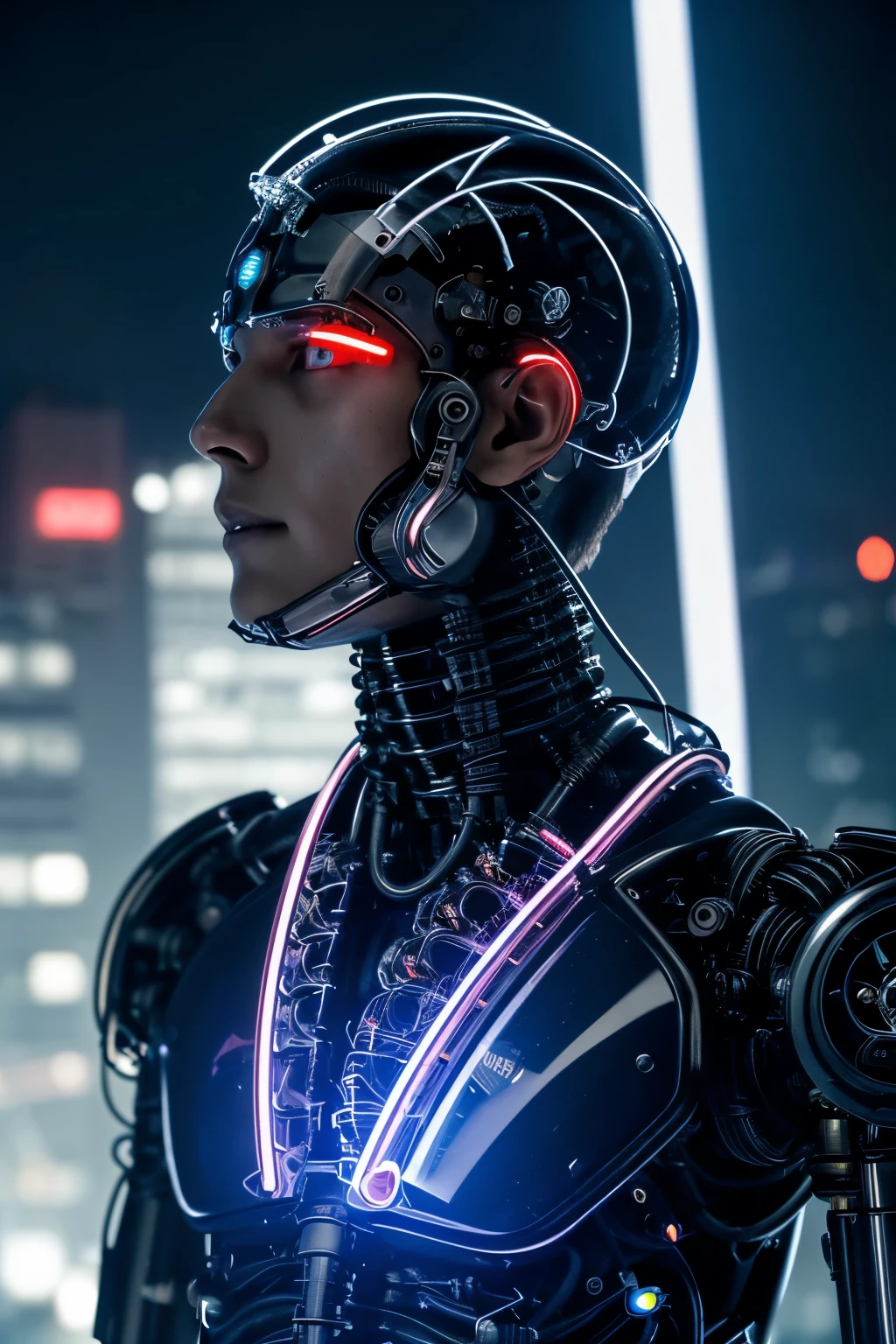 close up of Cyborg male, ((Clear Glass male body, Glowing Eyes))), Electronic Systems inside body clear to see, Detailed Brain in Sight, Detailed connection wire, mechanical limbs, tubes connected to the mechanical parts, mechanical vertebrae attached to the spine, mechanical cervical attachment to the neck, wires and cables connecting to the head,, (((machine installing parts to the head))) | Biopunk | Cybernetics | Cyberpunk | | Canon M50| 100mm| Sharp Focus | Hyperrealism | Very detailed| Intricate Details | Full Body View, small glowing LED lamps, Bright Red Neon Highlights, global lighting, deep shadows, Octane Rendering, 8K, Ultra Sharp, Metal, Intricate Ornament Details, baroque details, Very intricate details, realistic light, CGSoation trend, facing his right side, his left side to be shown to us (45 degree), neon details, (android manufactory in background)