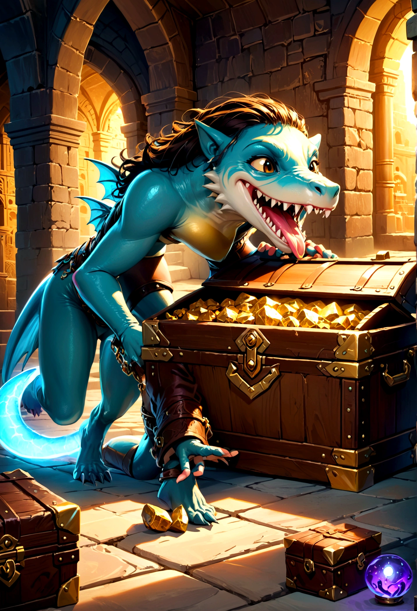 A treasure chest mimic opening its toothy maw, chasing a cute halfling thief woman, high fantasy dungeon, detailed fantasy creature, intricate architectural elements, dramatic lighting, fantasy art, cinematic composition, vibrant colors