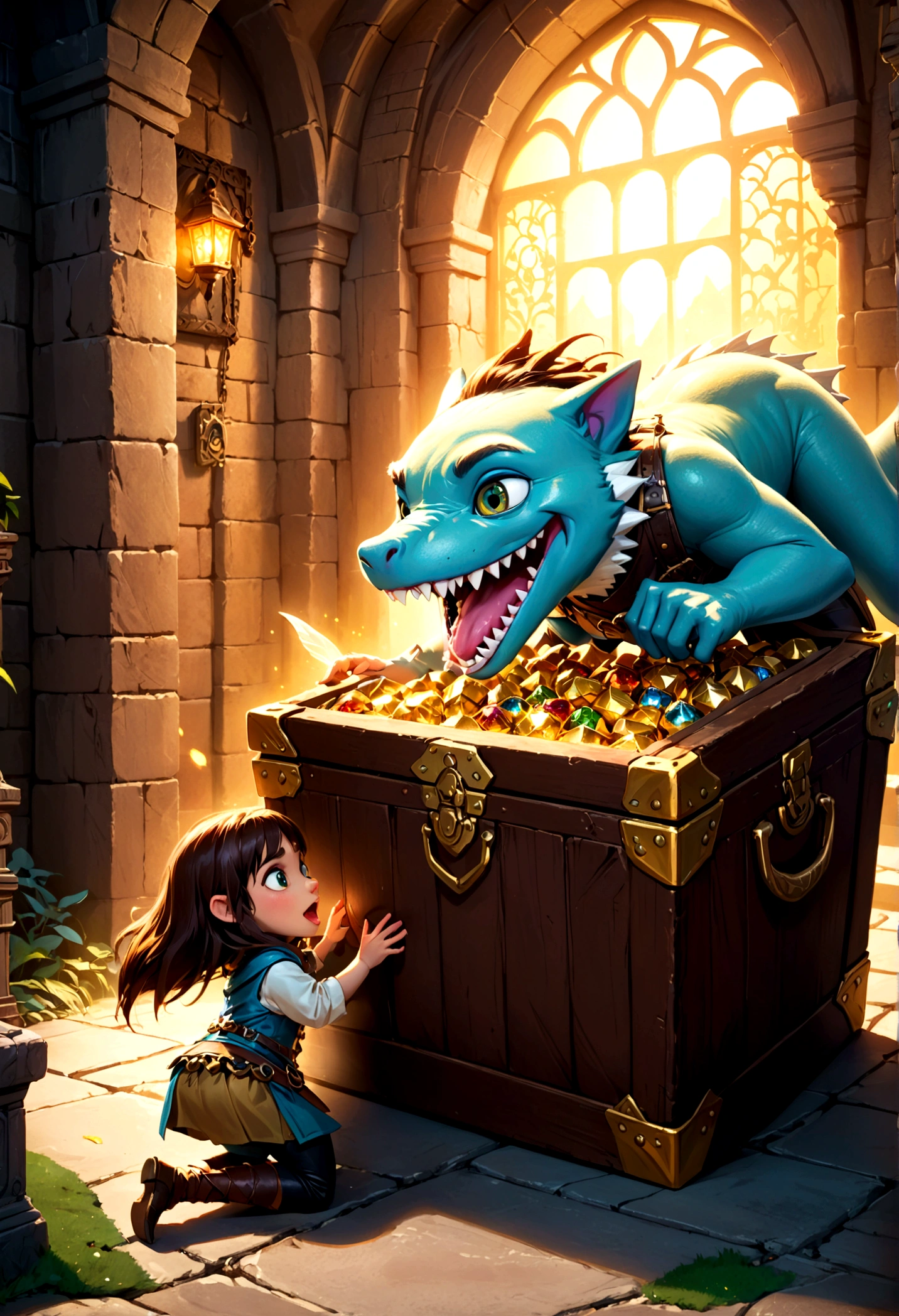 A treasure chest mimic opening its toothy maw, chasing a cute halfling thief woman, high fantasy dungeon, detailed fantasy creature, intricate architectural elements, dramatic lighting, fantasy art, cinematic composition, vibrant colors