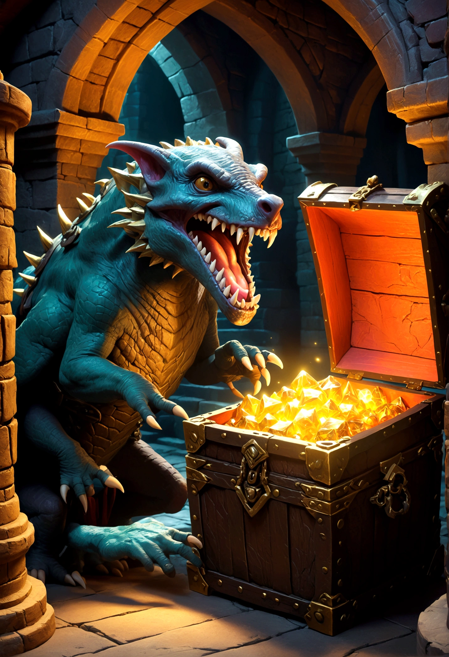 A treasure chest mimic opening its toothy maw, chasing a cute halfling thief woman, high fantasy dungeon, detailed fantasy creature, intricate architectural elements, dramatic lighting, fantasy art, cinematic composition, vibrant colors
