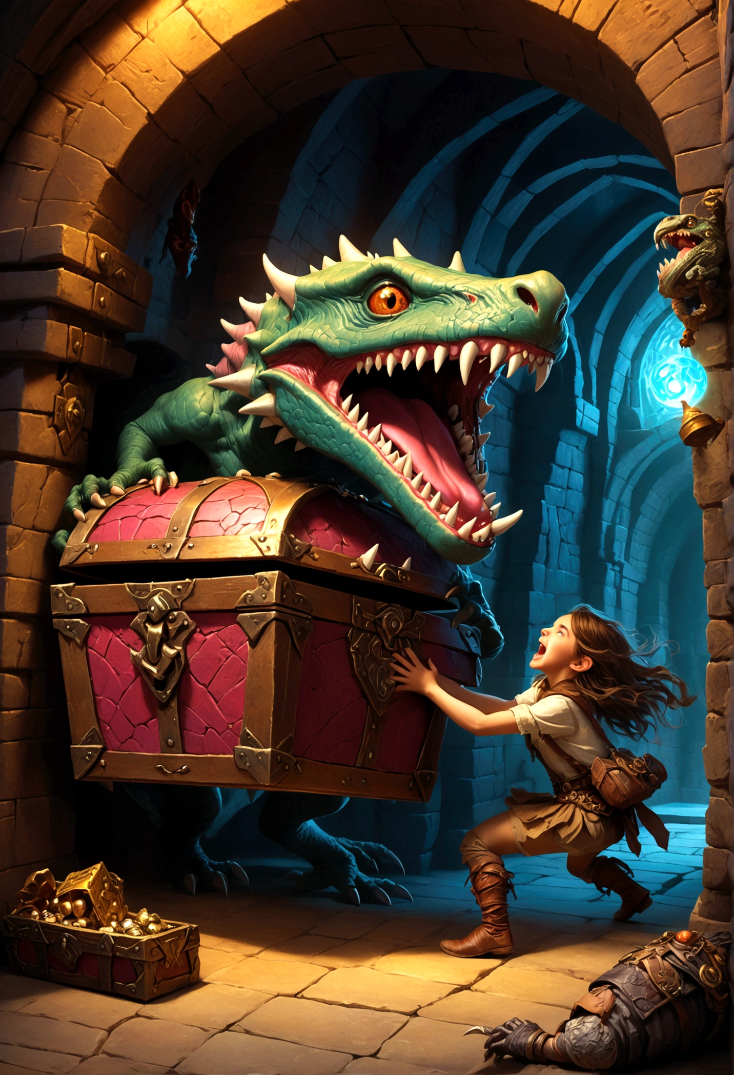 A treasure chest mimic opening its toothy maw, chasing a cute halfling thief woman, high fantasy dungeon, detailed fantasy creature, intricate architectural elements, dramatic lighting, fantasy art, cinematic composition, vibrant colors
