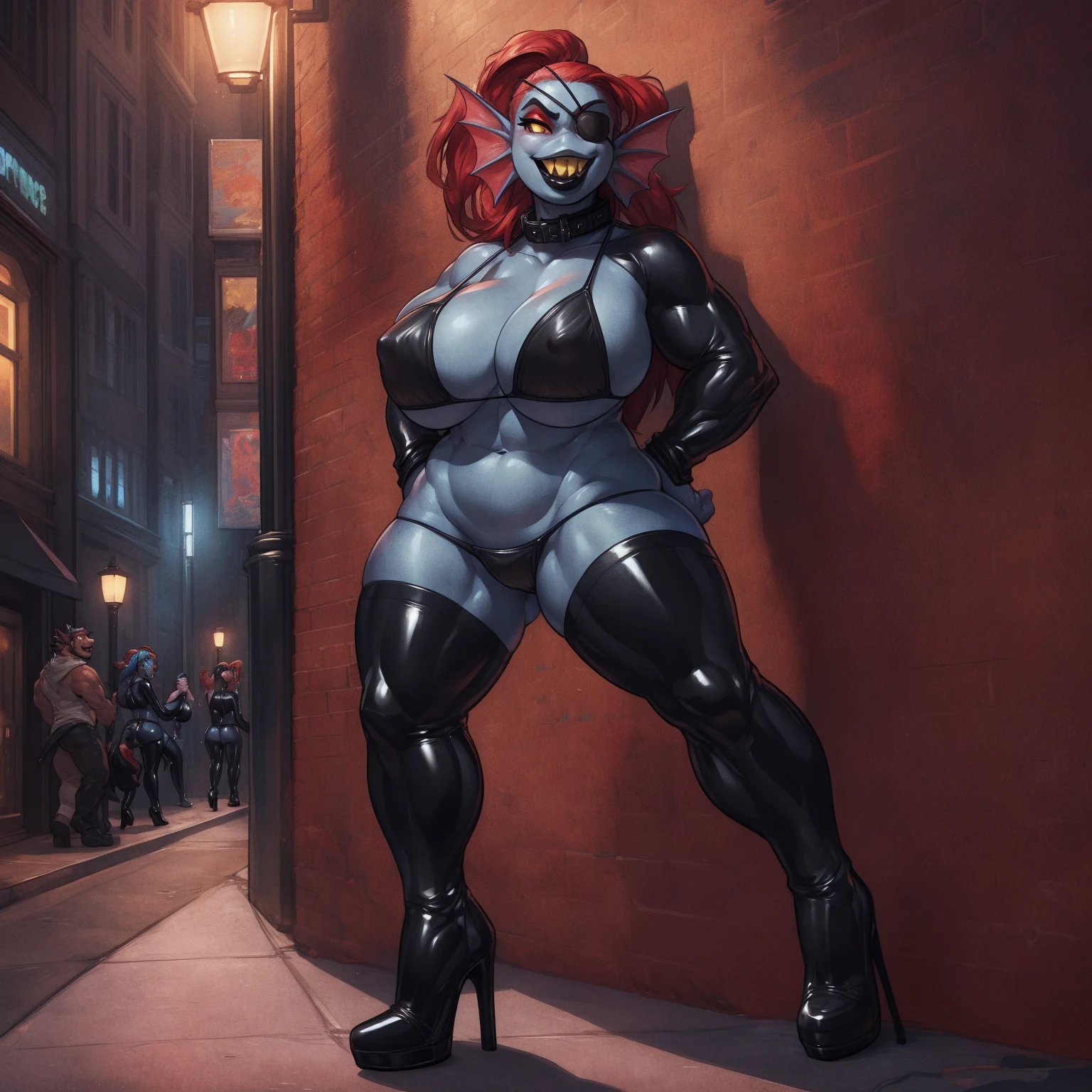 solo, 1girl, undyne, blue skin, female, (big bottom lip:1.3), (black lip gloss:1.3), large breasts, black leather collar, blue eyeshadow, (black latex bikini:1.6), (nipple outline:0.75), (black heels:1.4), (street corner:1.4), sexy pose, late night, street light, standing upright, very tall, yellow teeth, sharp teeth, laughing, black eye patch, looking at viewer, by darkgem, by wfa, by BNG,