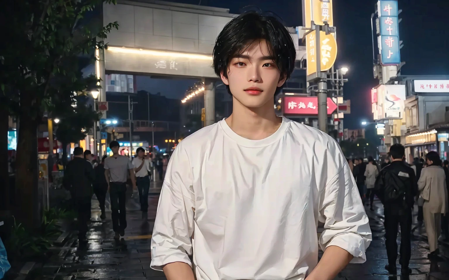 In the midst of a city at night, a young Chinese boy stands on a cobblestone street, illuminated by the soft glow of streetlights and neon signs. The sky above is a deep blue, dotted with twinkling stars, casting a serene and magical atmosphere over the scene.

His hair is straight and natural, with bangs softly brushed by a gentle breeze. His face is youthful and clean-shaven, exuding an innocent charm. He wears a simple white T-shirt that clings to his muscular frame, highlighting his well-defined pecs and strong muscles. He is dressed in shorts, which show off his athletic legs. His hands rest casually at his sides, conveying a relaxed and confident demeanor.

Behind him, the lively street is lined with shops and colorful neon lights that reflect on the wet pavement, adding a vibrant and dynamic feel to the night. People hustle and bustle, but he seems detached from the commotion. His gaze is soft and contemplative, fixed on the distant horizon, as if lost in thought. A faint smile plays on his lips, though his eyes reveal a hint of sadness and nostalgia.

The camera zooms in on his slightly parted lips, as if ready for a tender kiss. His tongue subtly traces his lips, showing a longing expression. The air is filled with a sweet aroma, making each breath taste of romance. His lips glisten slightly in the streetlight, appearing particularly inviting.