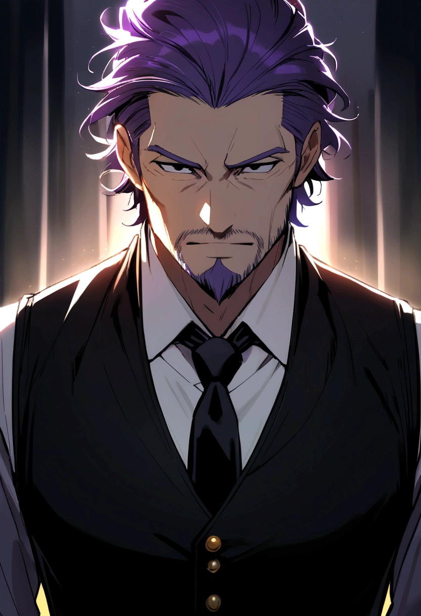 40 years old man, short purple hair parted in two, black eyes, sly face, black goatee and beard, wearing black long-sleeved vest, white shirt, black tie, gold buttons.