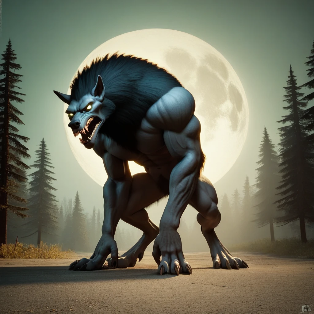 (Best Quality,4k,8k,high resolution,Masterpiece:1.2),ultra detailed,realist:lobo,(feroz,threatening,Frightening),intimidating,werelobo,gigantic,[negro],[humanoid,anthropomorphic],wild,Wild beast,Sharp teeth,bright yellow eyes,giant paws,ribbed muscles,Lunar background,full moon night,sinister atmosphere,dense forest,fierce howl,creature of the night,mythical creature,dominant presence,elegant movements,shadows and darkness,frightening silhouette,powerful stature,nightmarish,wild instincts.