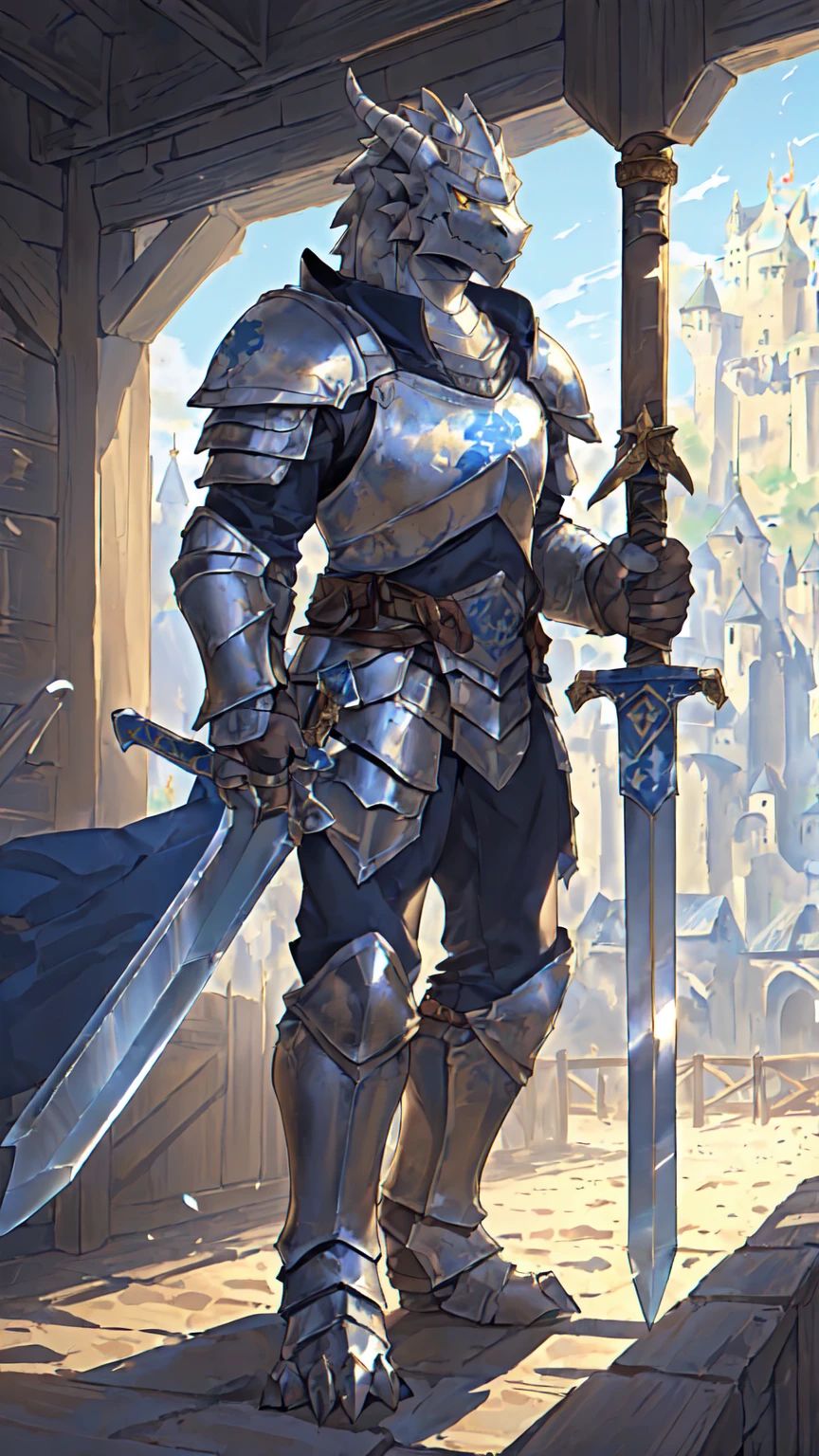((middle Ages:1.6,Castle Background:1.4)),((Cruz:1.6)),Sunlight,high resolution,4K,gay,(((whole body:1.1,sideways:1.3))),masterpiece,high quality,Calm and composed,((dragon)),male,dragonFurry,(teenager:1.3),hairy,((stable,Handsome face:1.4)),((peaceful)),((Holding a long sword:1.3)),(((Strong:1.4,Long legs:1.3,Thick dragon tail:1.2))),(((Gray heads:1.2,Golden pupils:1.2,White Neck:1.3,Gray back of hands:1.4,White Skin:1.3))),(((White Armor:1.3,There is a blue flag on the armor:1.4))),Mature face,Exquisite eyes,Detailed body,Detailed hands,Detailed feet,Kenket's Art,Strike a pose:1.3