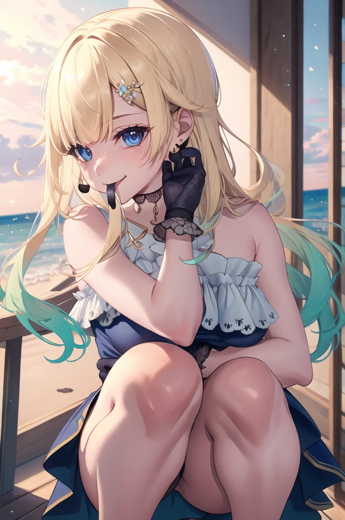 (masterpiece, Highest quality:1.2), alone, One girl, Aizawa Ema, smile, Mouth closed, View your viewers, squat, hair ornaments, dress, gloves, Black Choker, jewelry, Earrings,panties,