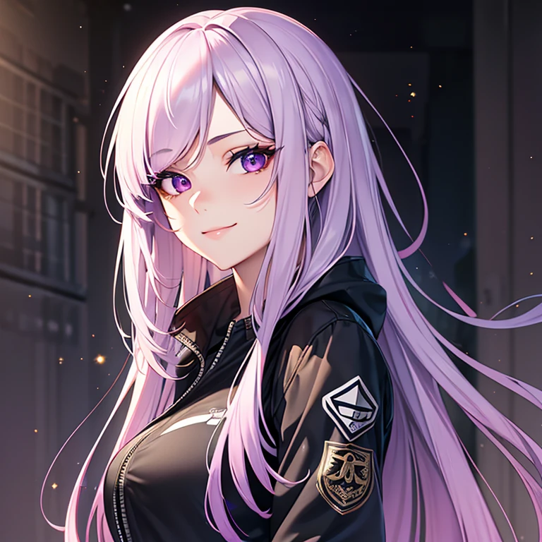 One beautiful young woman, light purple hair, long slightly waved and combed to one side, purple eyes, almond eyes, eyeliner, pretty smile, pale skin, extremely beautiful, kind, sweet, White, black jacket, black cargo pants, anime realism style, portrait, vibrant lighting, color palette: light purple and black, (best quality, 4k, 8k, highres, masterpiece:1.2), ultra-detailed, realistic:1.37