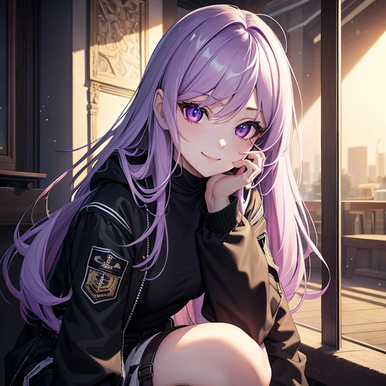 One beautiful young woman, light purple hair, long slightly waved and combed to one side, purple eyes, almond eyes, eyeliner, pretty smile, pale skin, extremely beautiful, kind, sweet, White, black jacket, black cargo pants, anime realism style, portrait, vibrant lighting, color palette: light purple and black, (best quality, 4k, 8k, highres, masterpiece:1.2), ultra-detailed, realistic:1.37