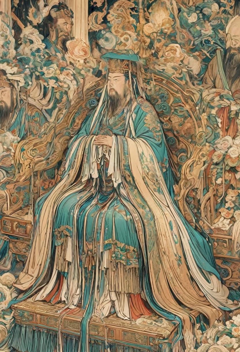 Depict the Jade Emperor as an old, wise king seated on a magnificent golden throne in the heavenly realm. He is dressed in ornate imperial robes with intricate golden embroidery and a regal crown adorned with precious jewels. The setting is a grand celestial palace with towering golden spires and shimmering clouds. The Jade Emperor exudes an aura of divine authority and wisdom as he looks down with kind, knowing eyes. A humble young farmer, dressed in simple traditional clothing and holding a straw hat, stands respectfully before the throne, looking up in awe and reverence. Surround them with ethereal elements such as floating lanterns, mythical creatures like dragons and phoenixes, and vibrant celestial flora. The sky should be filled with a soft, golden light, symbolizing the divine presence and the sacred nature of the encounter